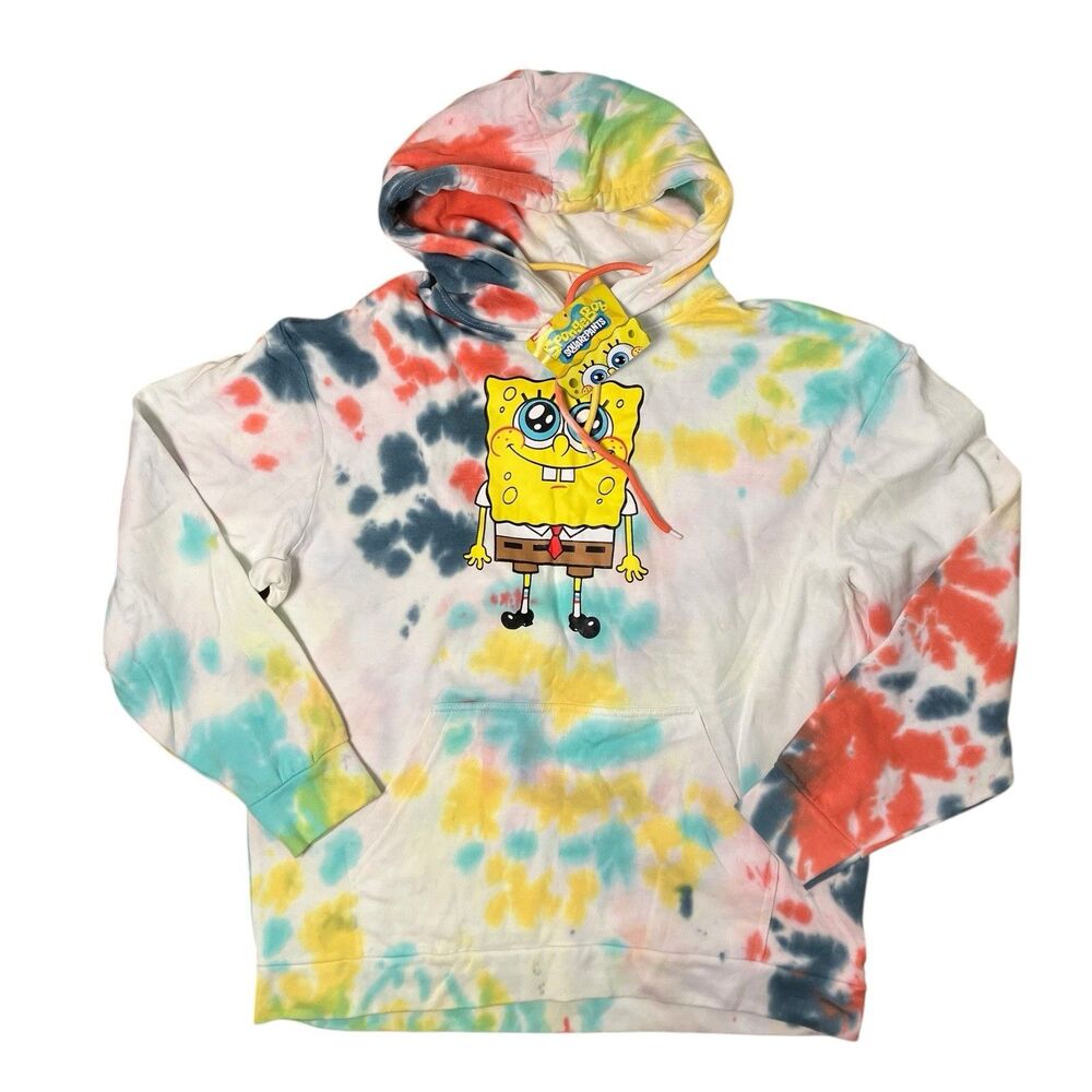 Spongebob‎ Squarepants Hoodie Mens White Tie Dye Nickelodeon Y2K Colorful Size L